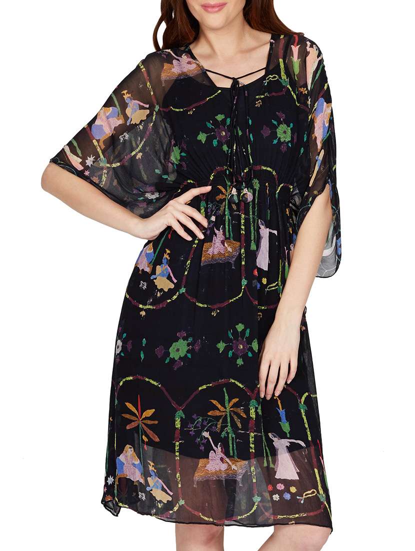 black printed viscose chiffon kaftan dress