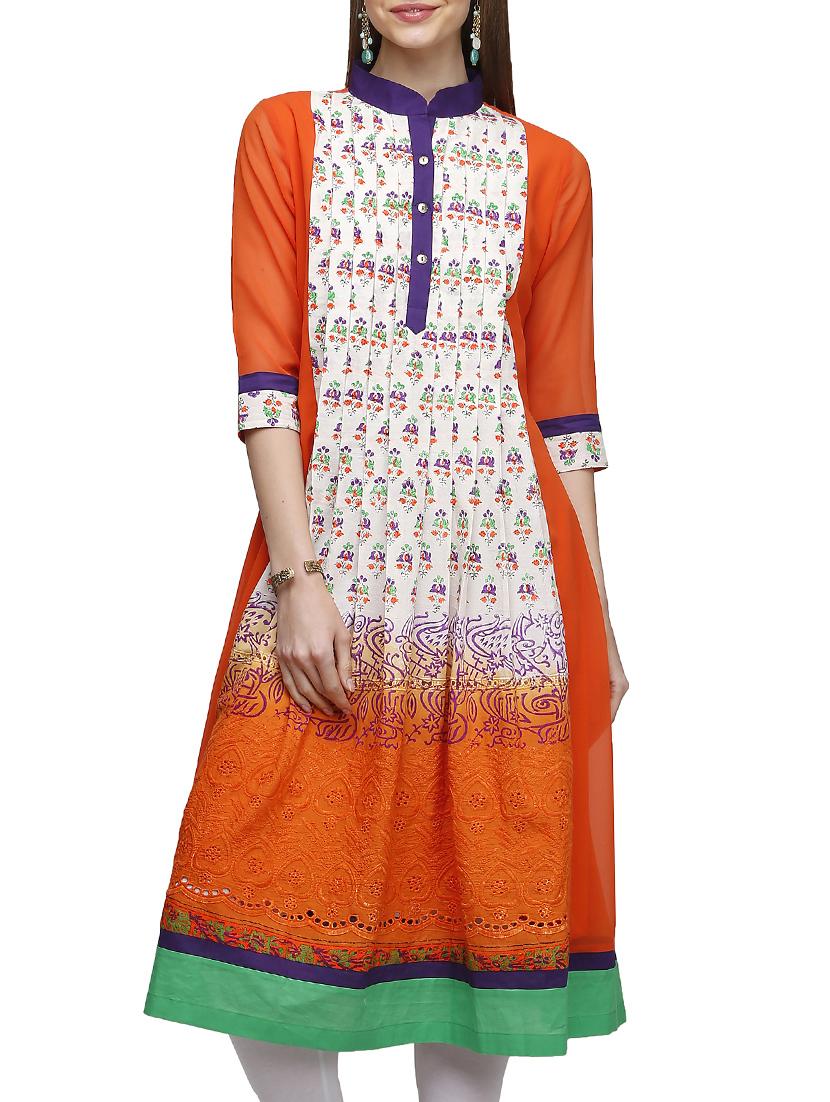 orange and white color, cotton flared printed kurta