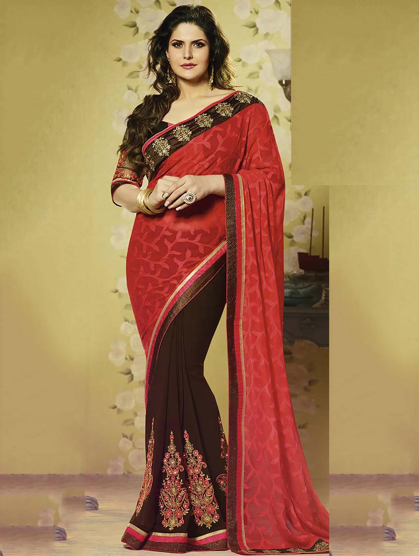 red & brown georgette half & half saree - 11144917 - Zoom Image - 0