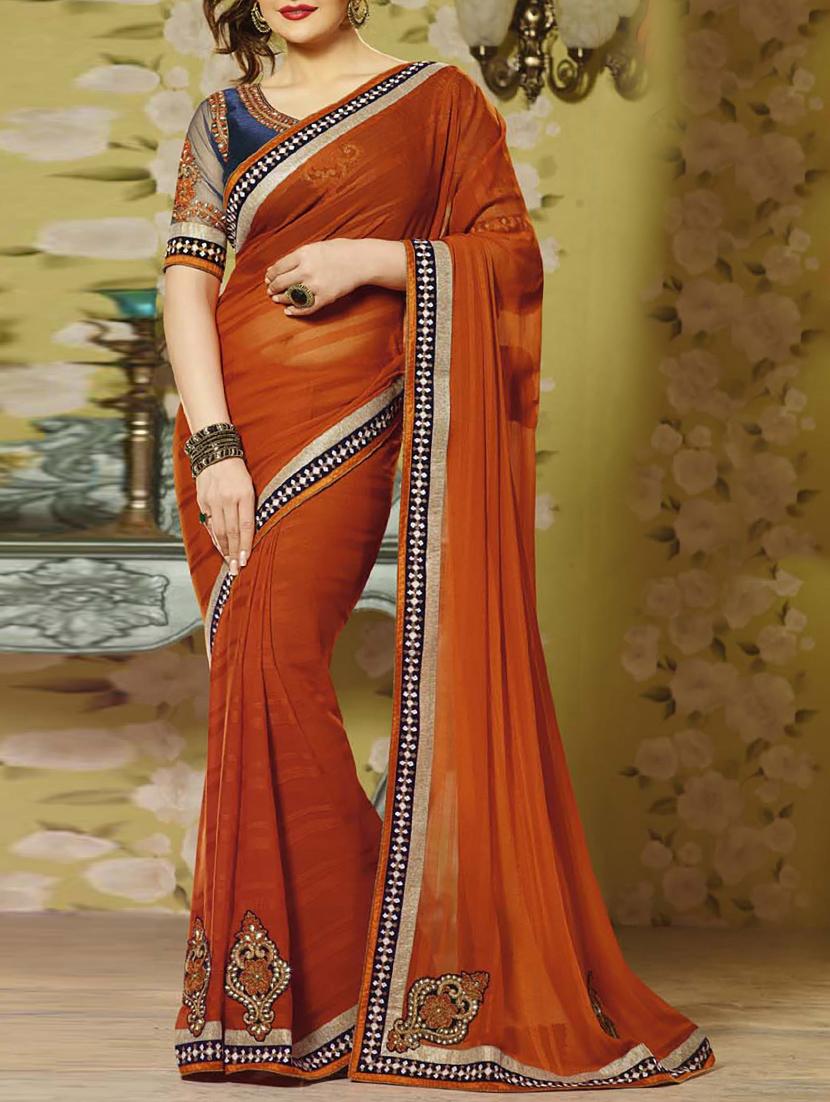 orange georgette embroidered saree - 11144919 -  Zoom Image - 0
