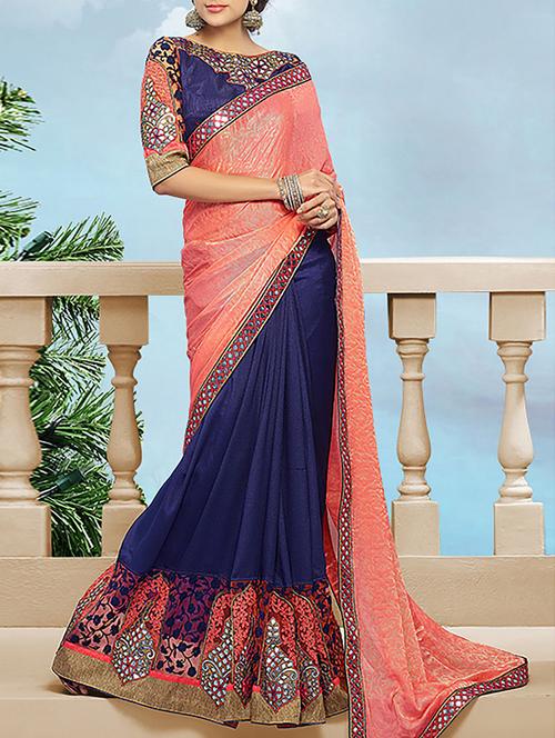 orange & blue georgette half & half saree - 11144920 - Standard Image - 0
