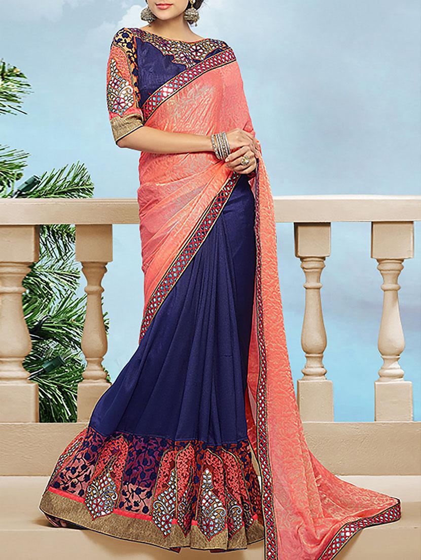 orange & blue georgette half & half saree - 11144920 - Zoom Image - 0