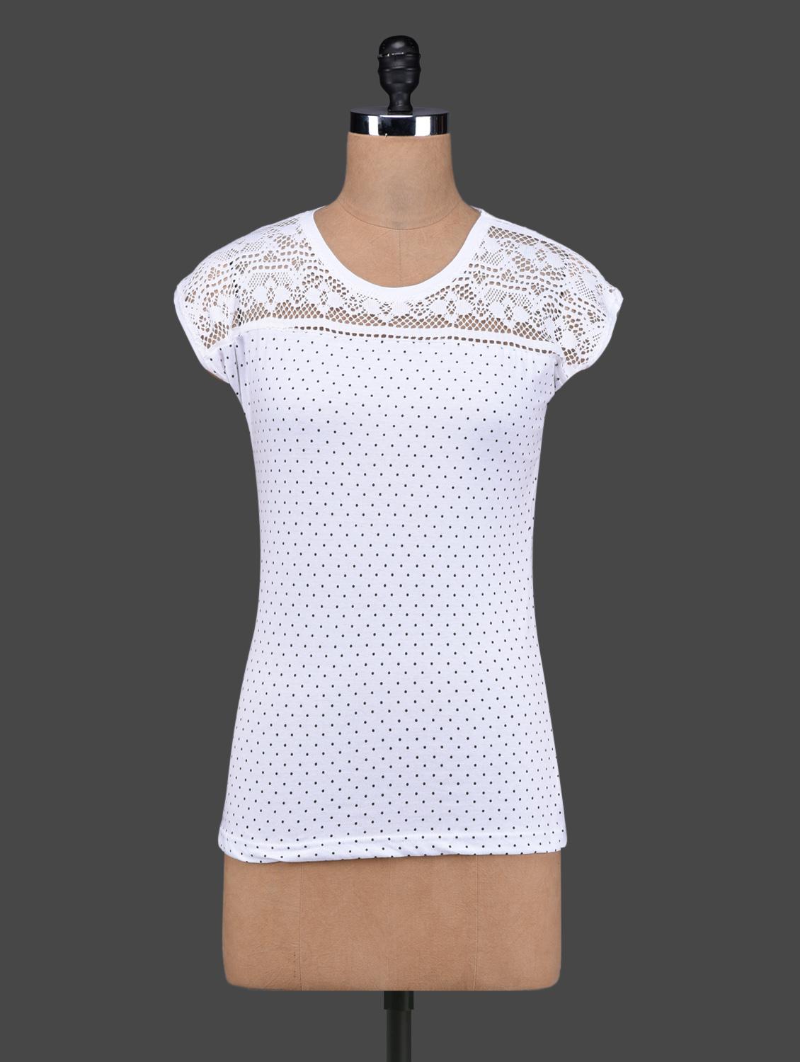White Polka Dots Lace Yoke Cotton Top - 27Ashwood