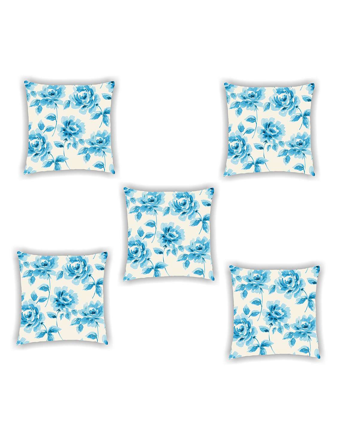 white and blue satin floral print cushion covers (set of 5)