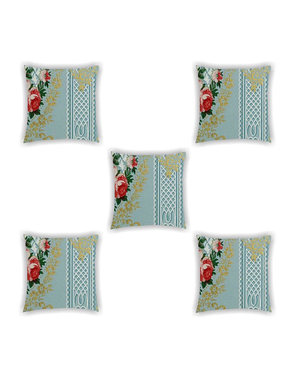 blue satin printed cushion cover (set of 5)