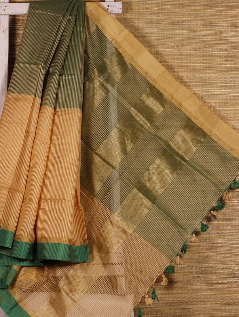 Green And Beige Striped Handloom Saree - Dharitri's Choice
