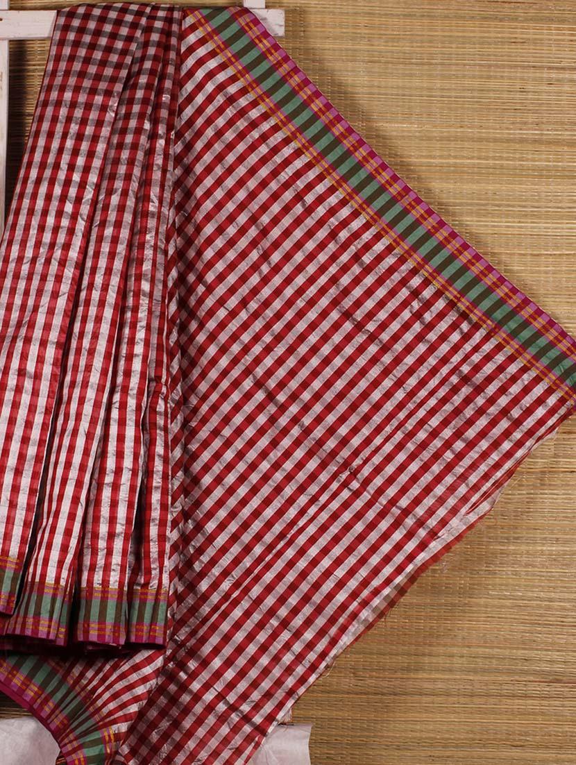 Red And White Chequered Handloom Saree - Dharitri's Choice
