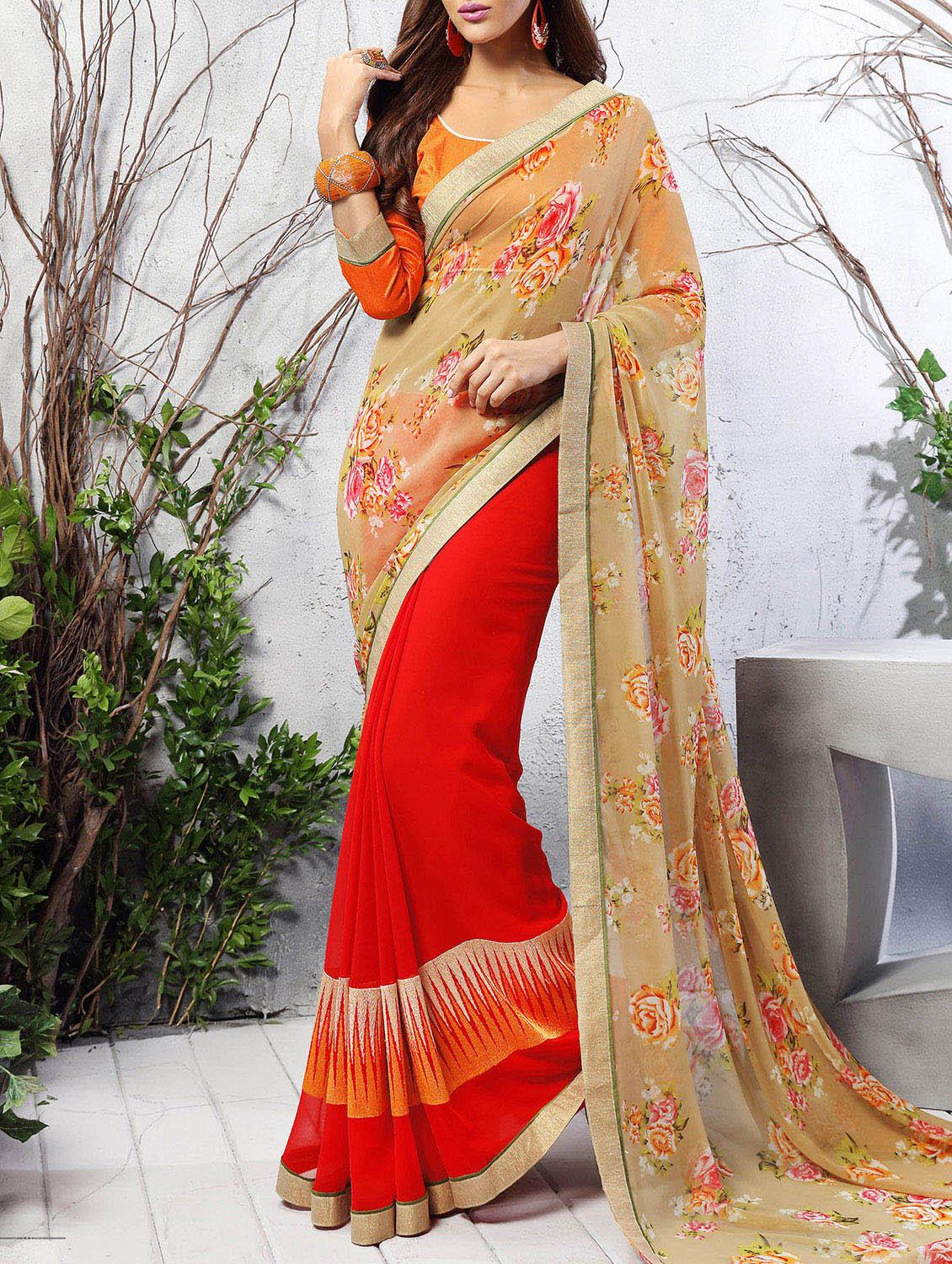 orange georgette embroidered saree with blouse - 11193361 - Zoom Image - 0