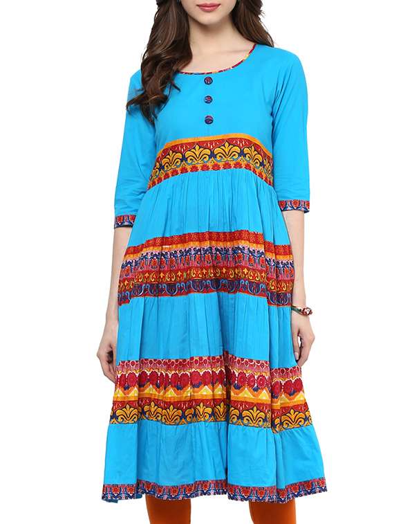 blue cotton tiered kurta