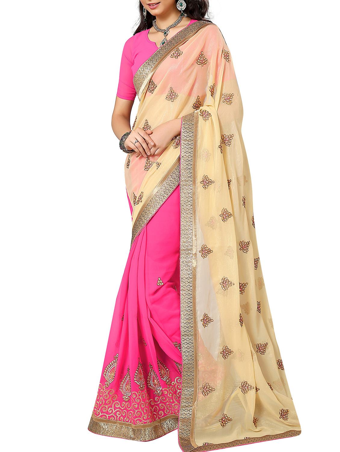 pink georgette embroidered half & half saree with blouse - 11193780 -  Zoom Image - 0