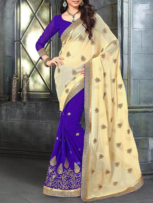 blue georgette embroidered half & half saree. with blouse - 11193781 -  Standard Image - 0