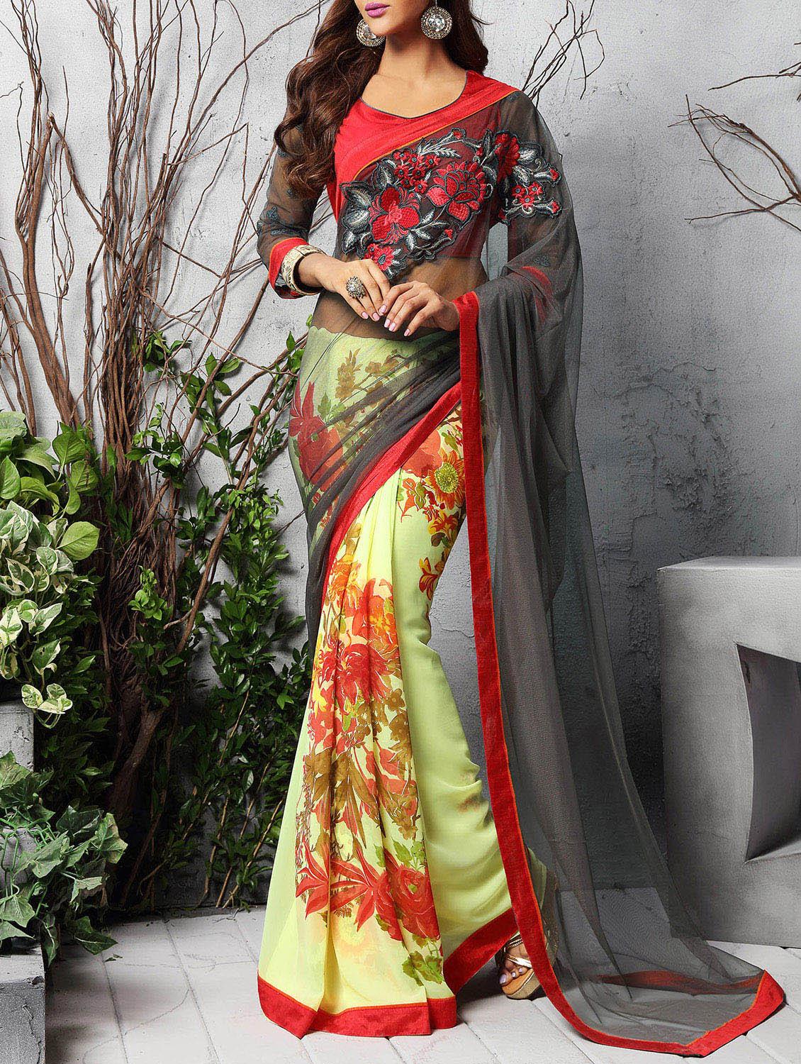 yellow georgette printed embroidered saree with blouse - 11193792 -  Zoom Image - 0