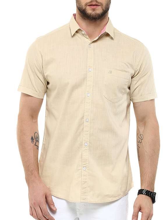 solid beige cotton casual shirt - 11216503 - Zoom Image - 0
