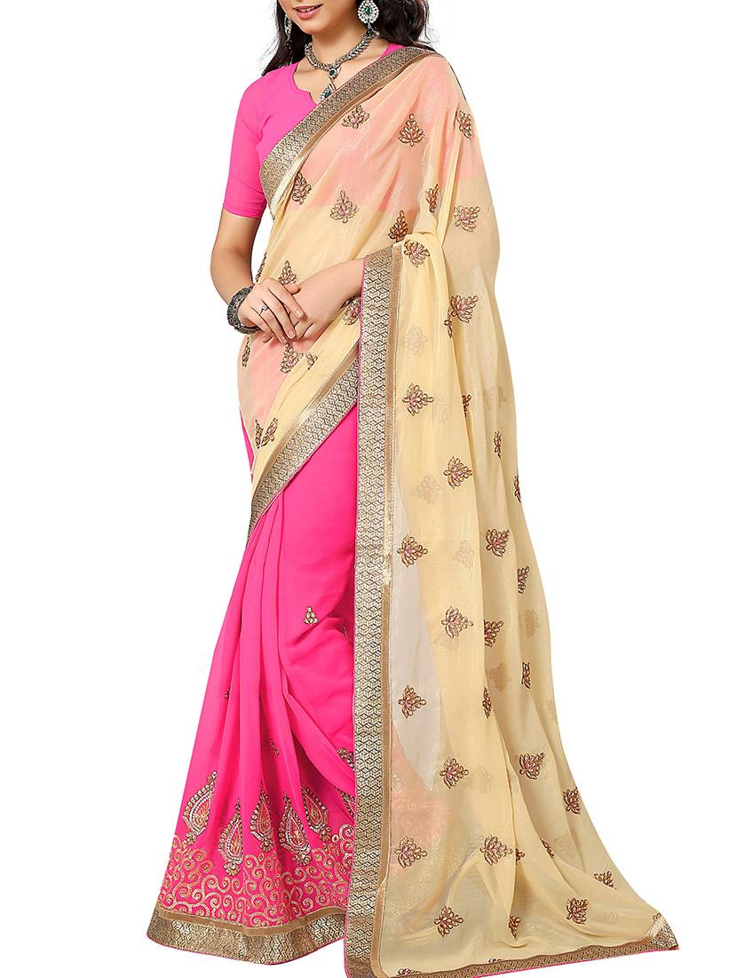 pink and beige embroidered georgette half and half saree with blouse - 11220724 - Zoom Image - 0