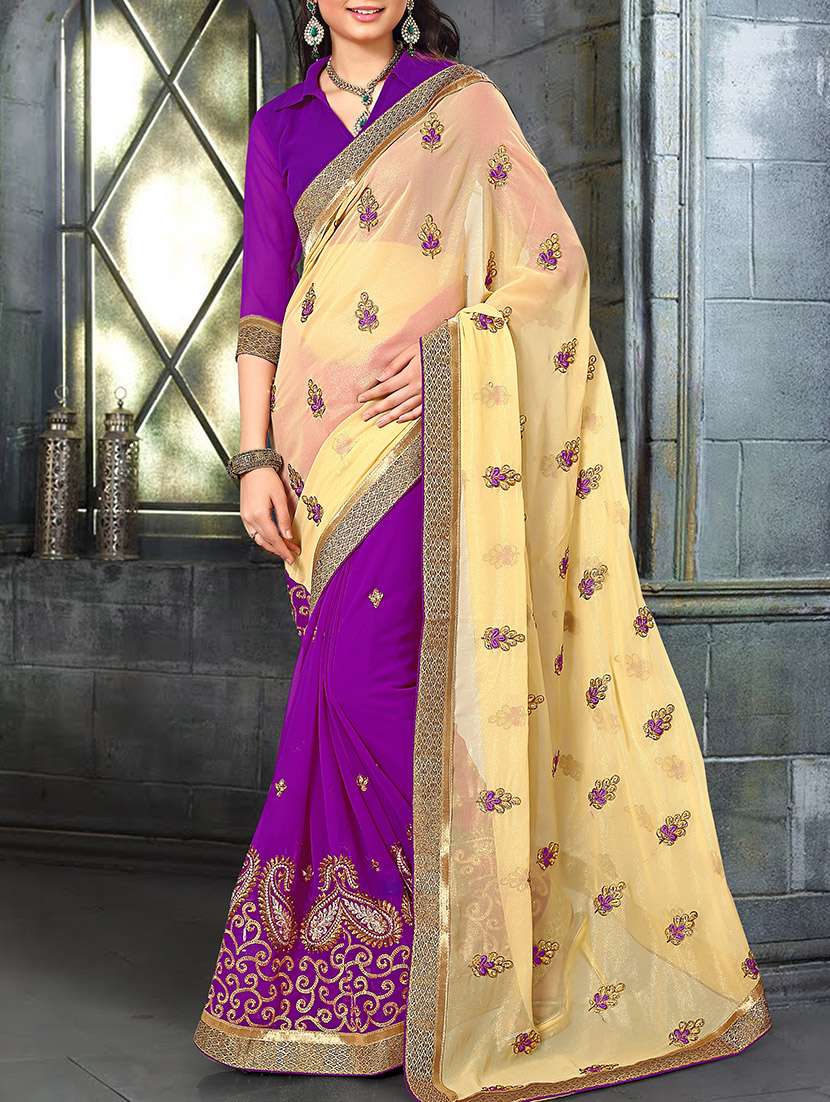 purple and beige gergette embroidered half and half saree with blouse - 11220729 - Zoom Image - 0