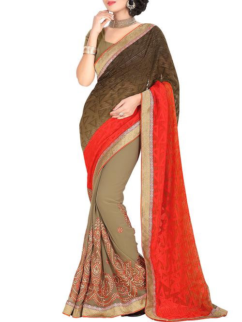 brown and red georgette embroidered saree with blouse - 11220730 -  Standard Image - 0