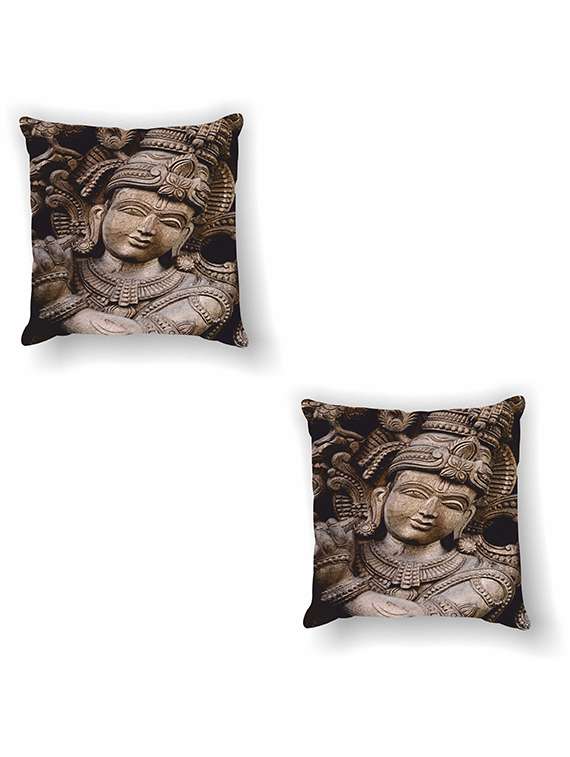 brown printed satin cushion cover (set of 2)