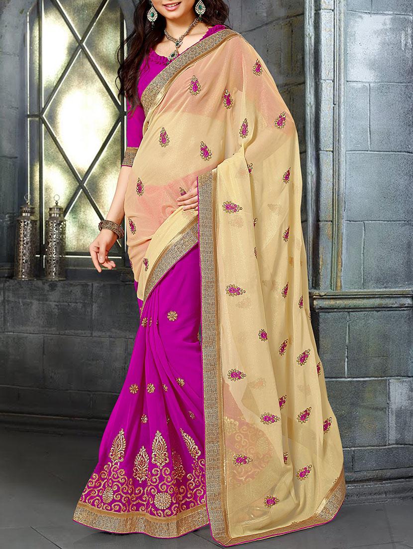 magenta and beige georgette embroidered half and half saree with blouse - 11272789 -  Zoom Image - 0