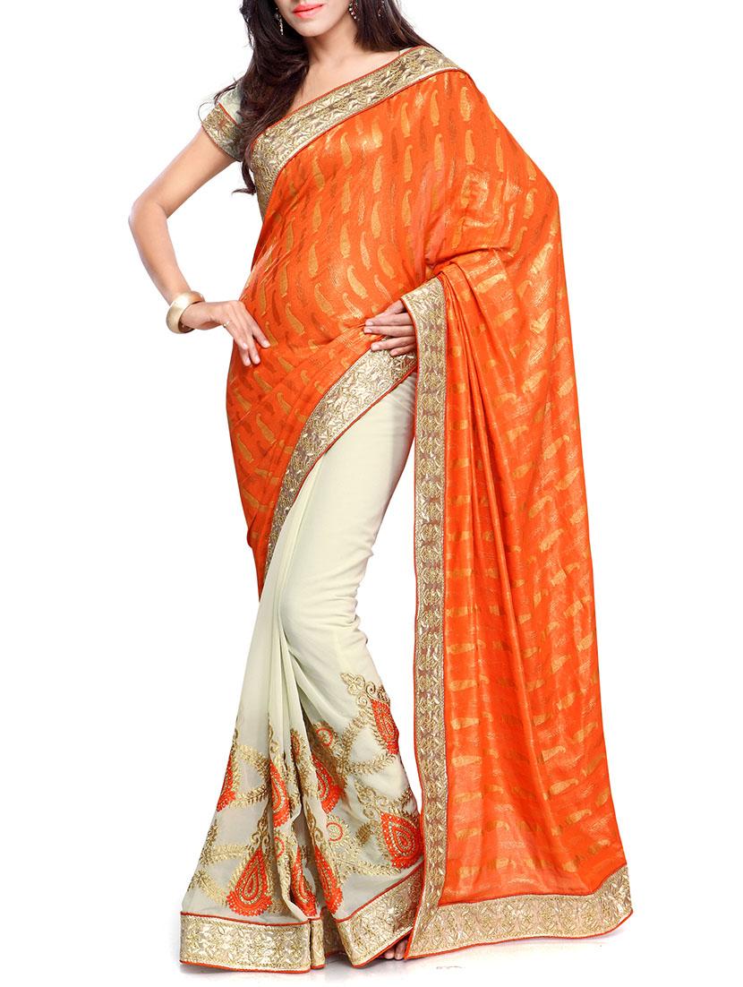 orange and off-white georgette embroidered saree with blouse - 11272796 - Zoom Image - 0