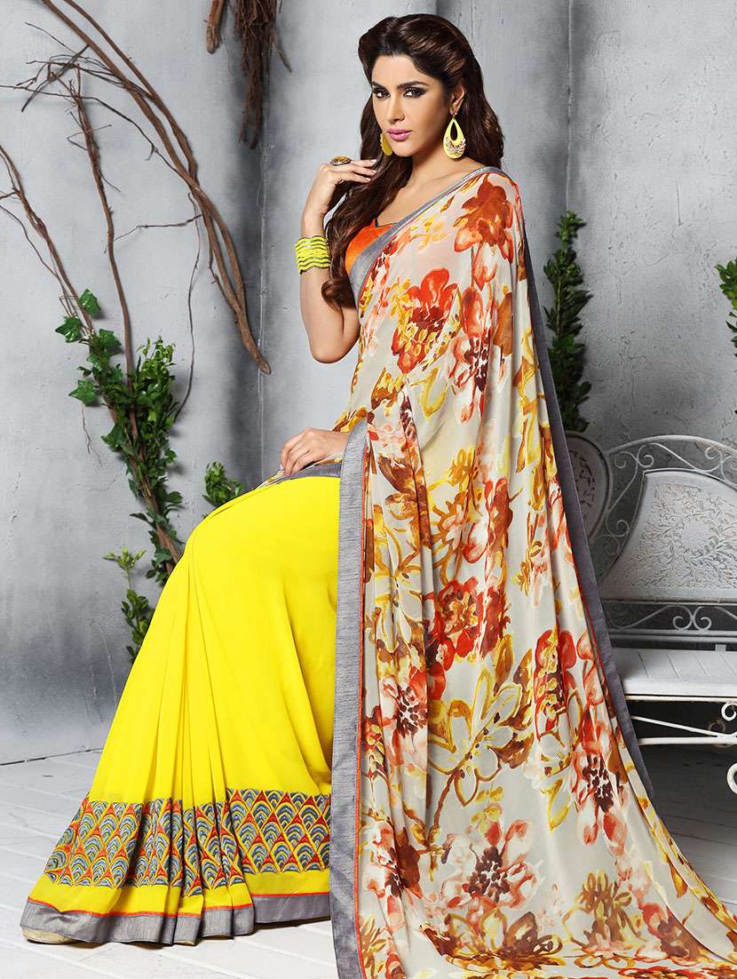 yellow and off-white floral print georgette half and half saree with blouse - 11272798 -  Zoom Image - 0