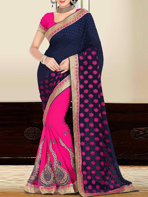 pink and navy blue georgette embroidered half and half saree with blouse - 11272802 -  Standard Image - 0