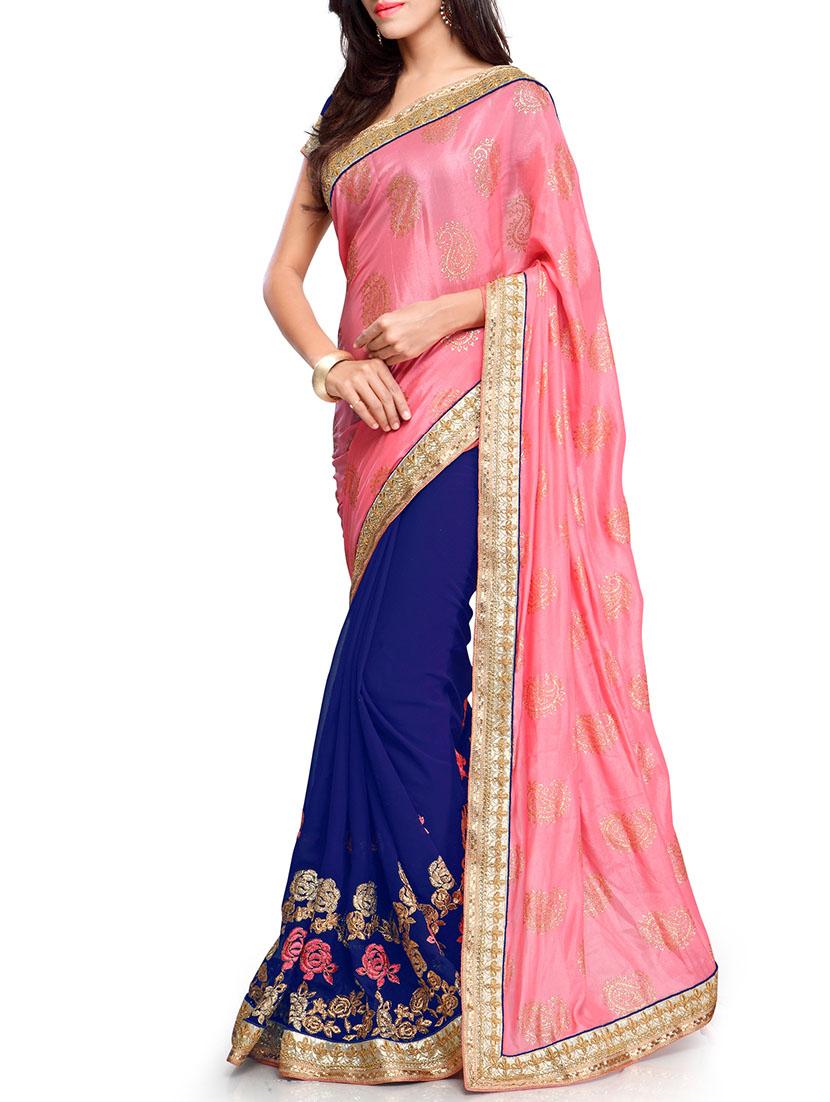 pink and royal blue georgette embroidered half and half saree with blouse - 11272806 -  Zoom Image - 0