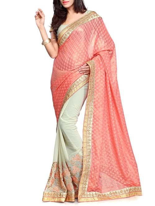 peach and off-white georgette embroidered half and half saree with blouse - 11273233 - Standard Image - 0