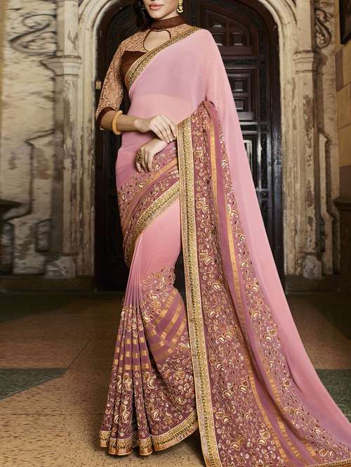 pink georgette embroidered saree with blouse - 11273249 - Standard Image - 0