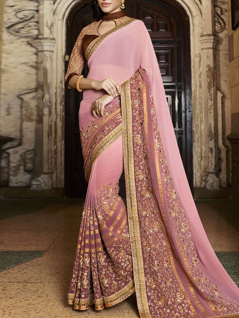 pink georgette embroidered saree with blouse - 11273249 - Zoom Image - 0