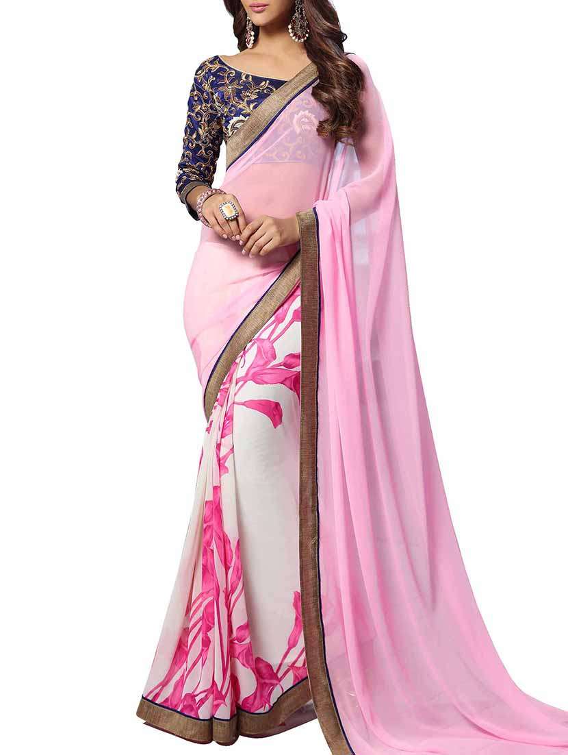 white and pink georgette printed half and half saree with blouse - 11273252 - Zoom Image - 0