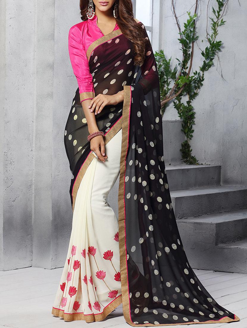 white and black georgette emrbroidered half and half saree with blouse - 11273258 -  Zoom Image - 0
