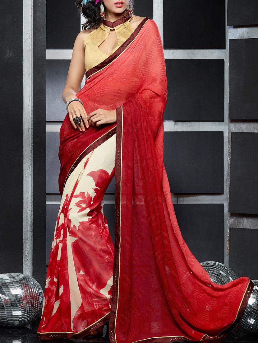 red and cream georgette floral print half and half saree - 11273269 - Zoom Image - 0