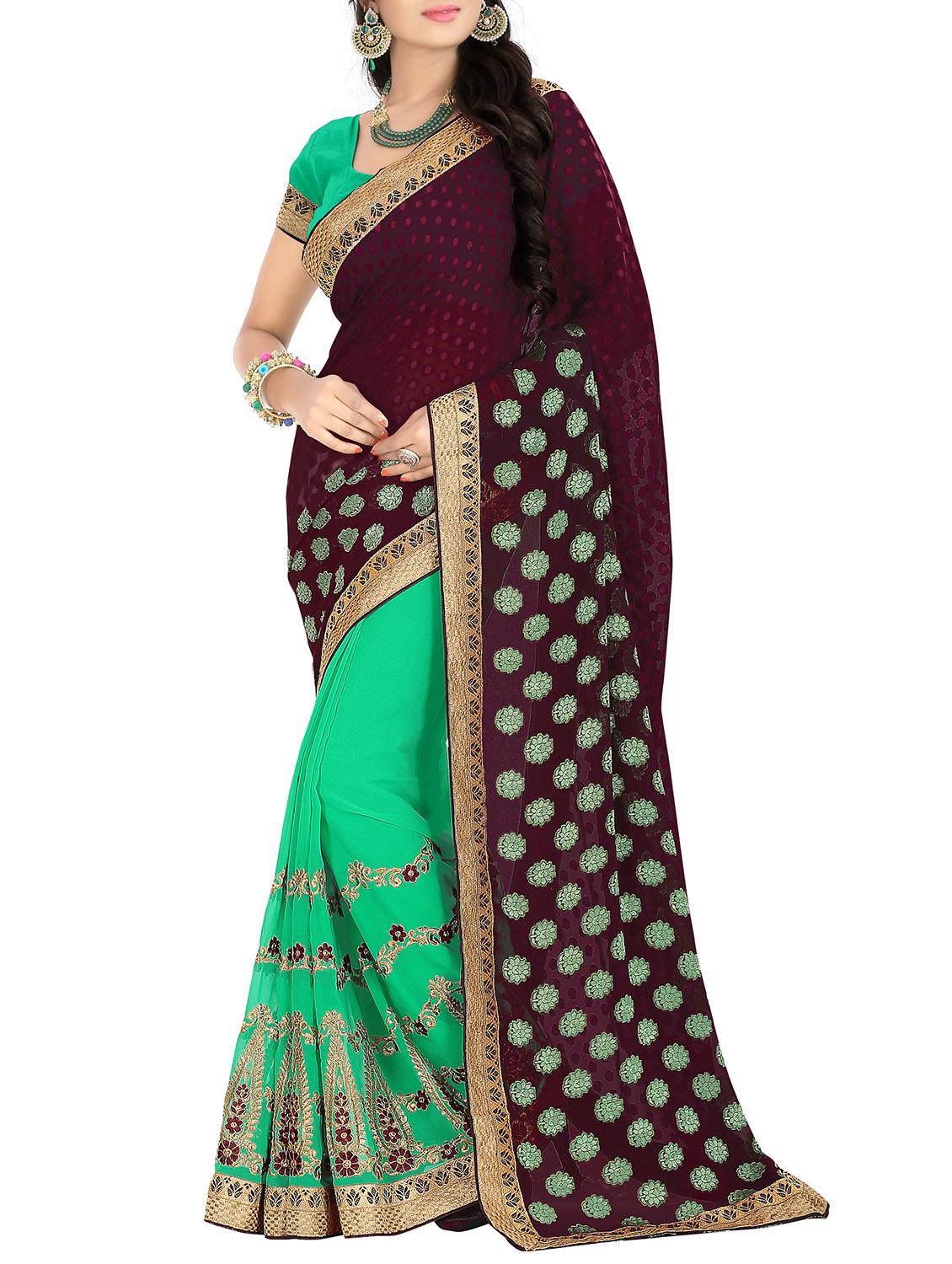 green embroidered half & half saree with blouse - 11282643 -  Zoom Image - 0