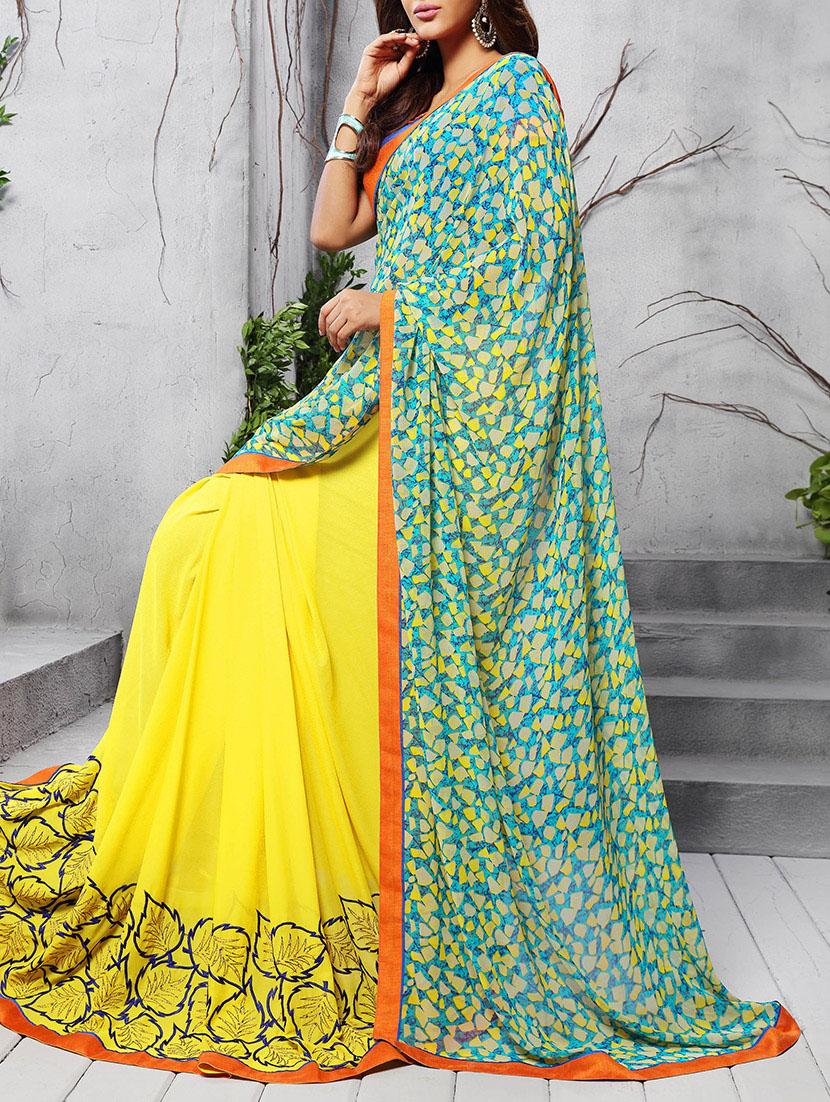yellow printed half & half saree with blouse - 11282654 - Zoom Image - 0