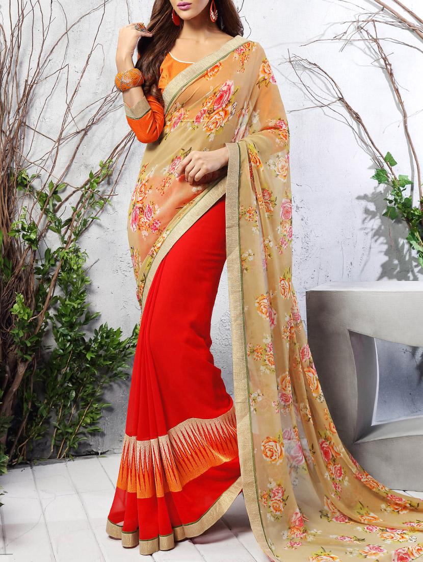 orange printed half & half saree with blouse - 11282757 - Zoom Image - 0