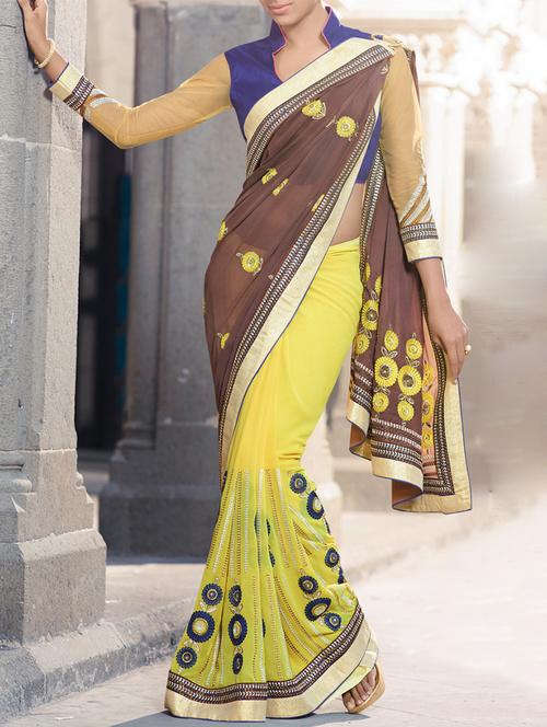 yellow embroidered half & half saree with blouse - 11282861 -  Standard Image - 0