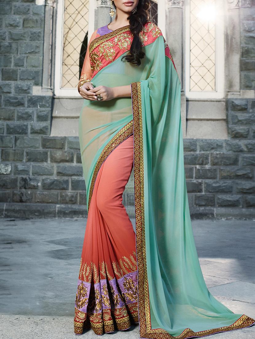 orange embroidered half & half saree with blouse - 11282865 -  Zoom Image - 0