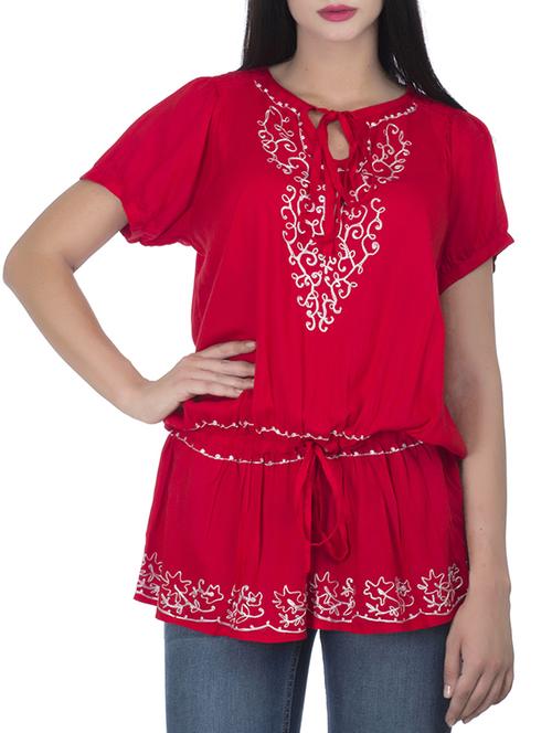 red rayon embroidered top - 11297579 - Standard Image - 0