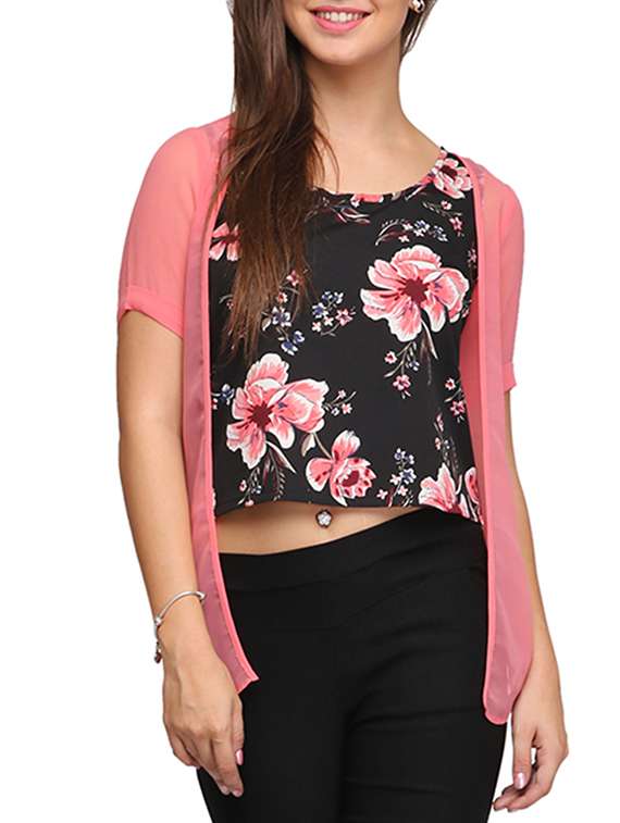 round neck floral top with shrug