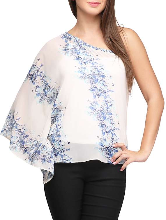 white and blue printed georgette off-shoulder top