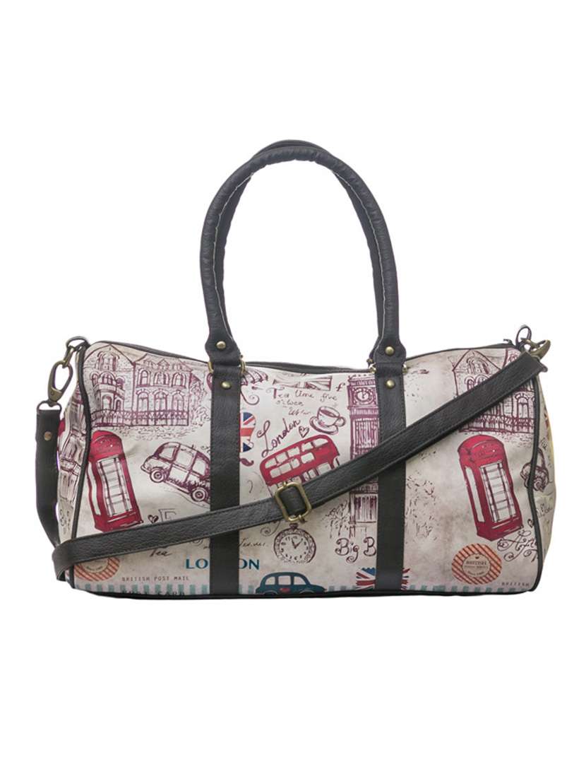 beige printed polyester luggage bag