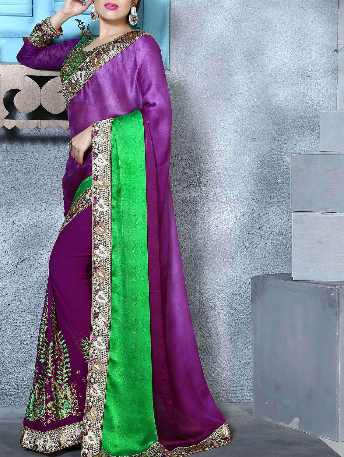 purple embroidered saree with blouse - 11303834 - Zoom Image - 0