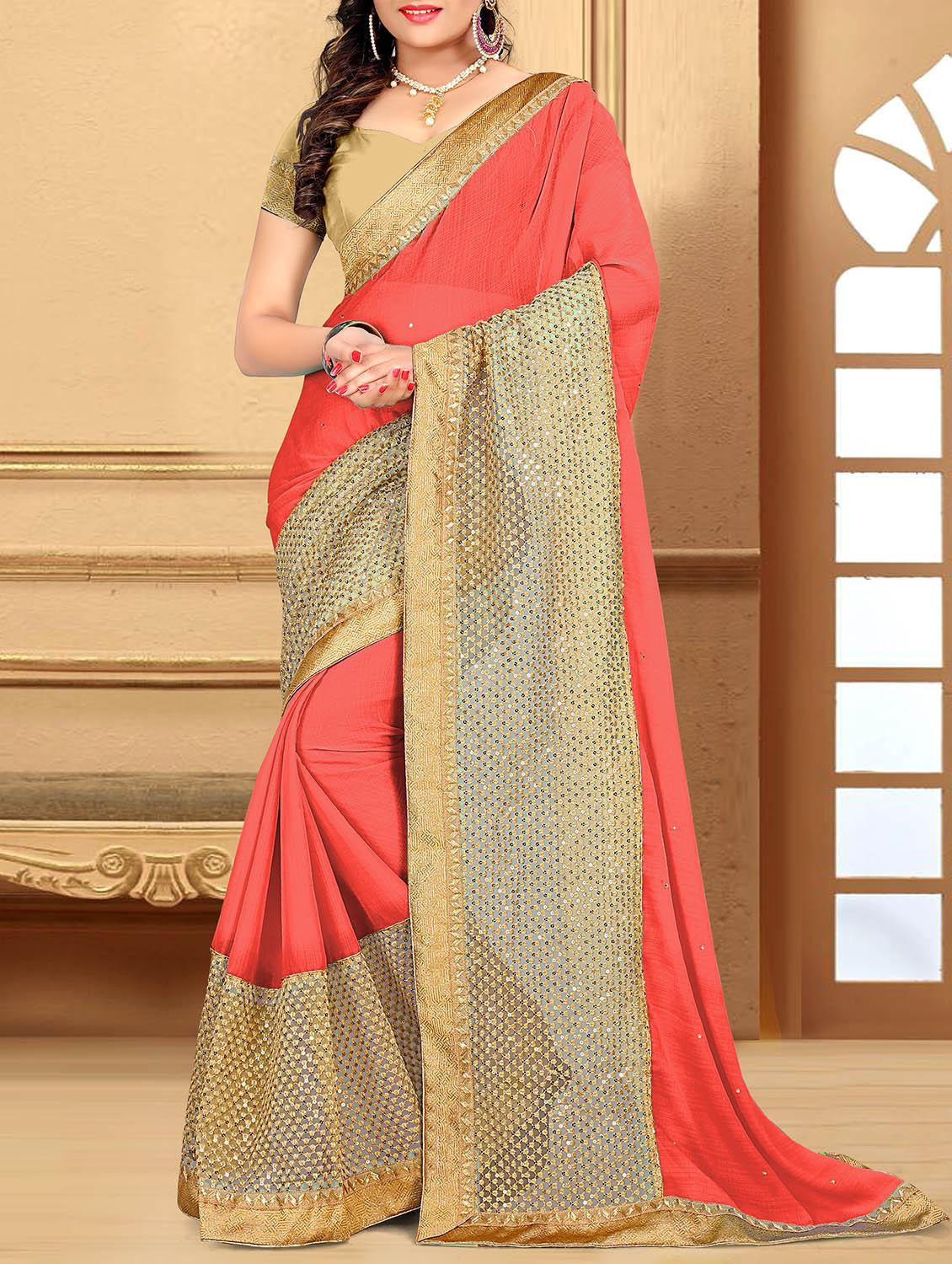 orange embroidered saree with blouse - 11303909 - Zoom Image - 0