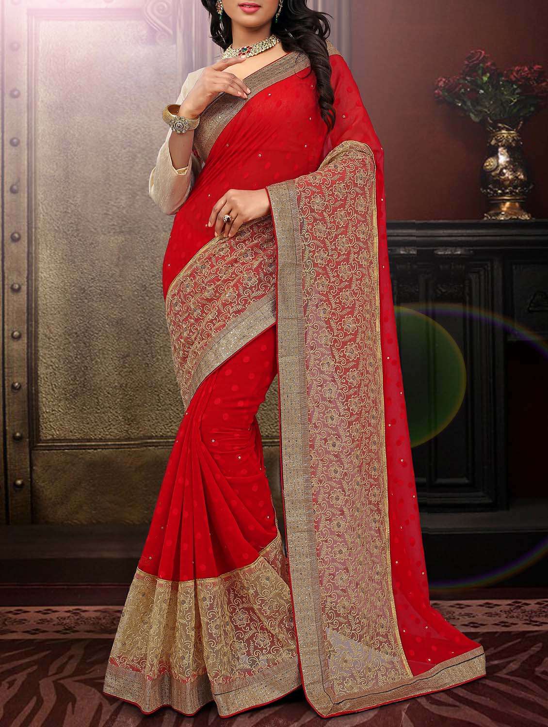 red embroidered saree with blouse - 11303911 -  Zoom Image - 0
