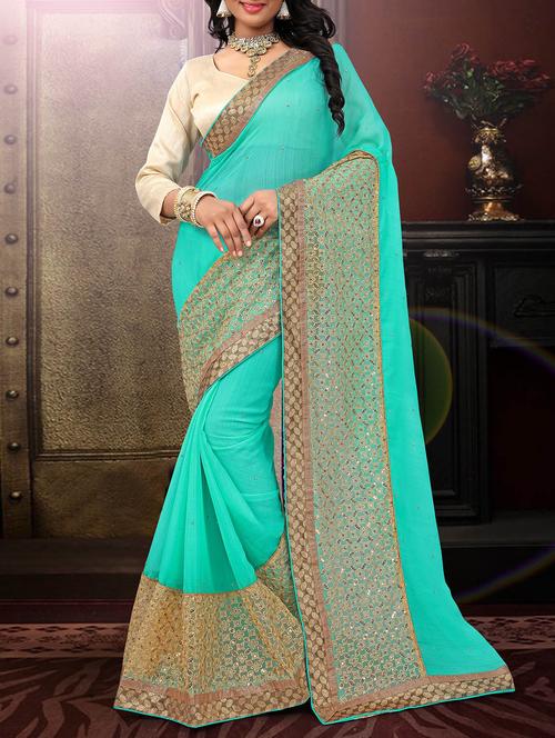 green embroidered saree with blouse - 11303929 - Standard Image - 0
