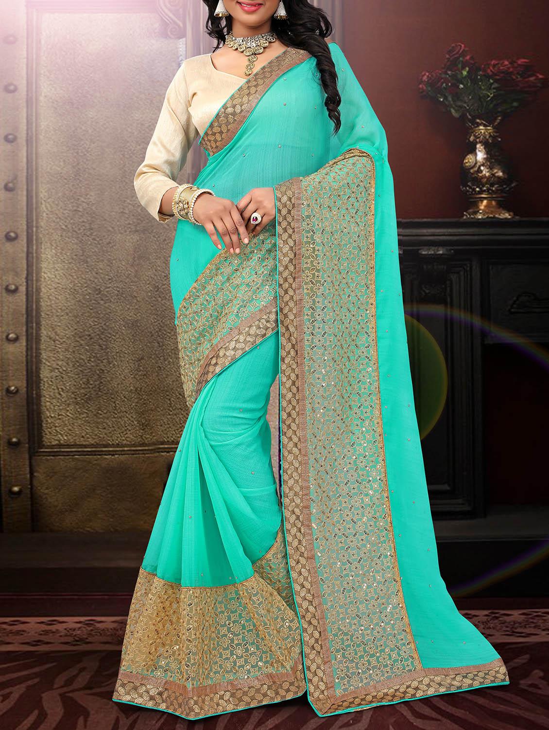 green embroidered saree with blouse - 11303929 - Zoom Image - 0
