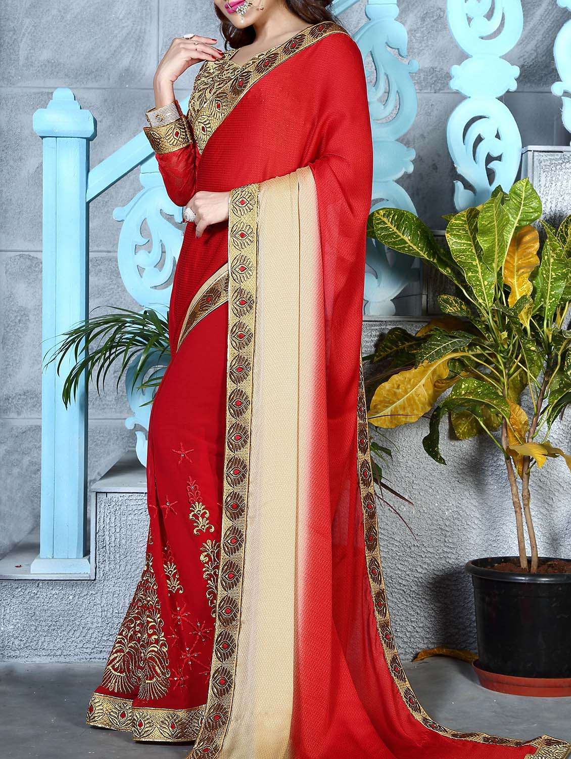 red embroidered saree with blouse - 11303952 -  Zoom Image - 0