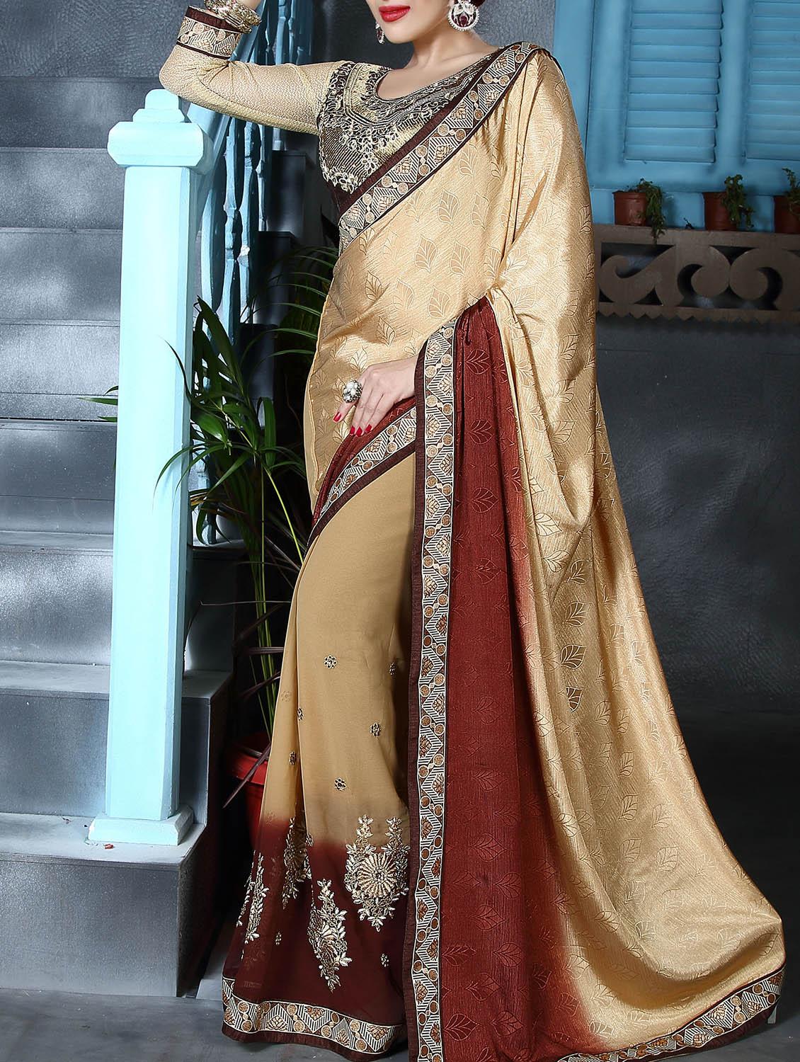 beige crepe half and half saree - 11303976 - Zoom Image - 0