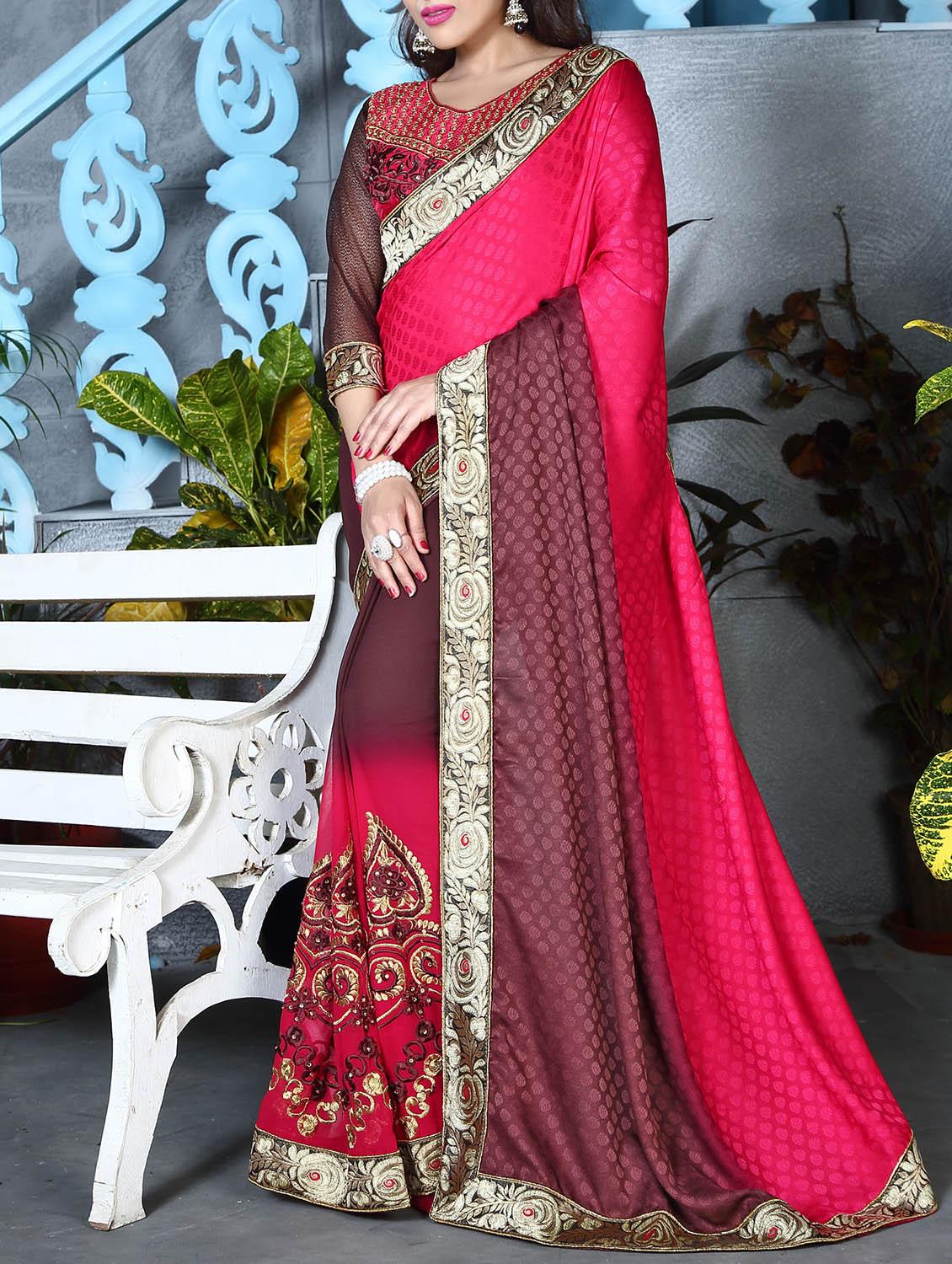 red embroidered saree with blouse - 11303978 - Zoom Image - 0