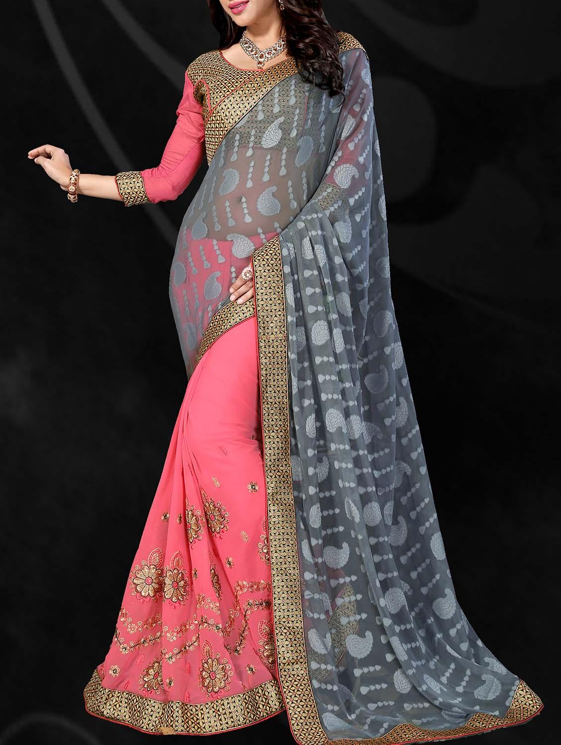 half and half embroidered saree - 11303991 - Zoom Image - 0